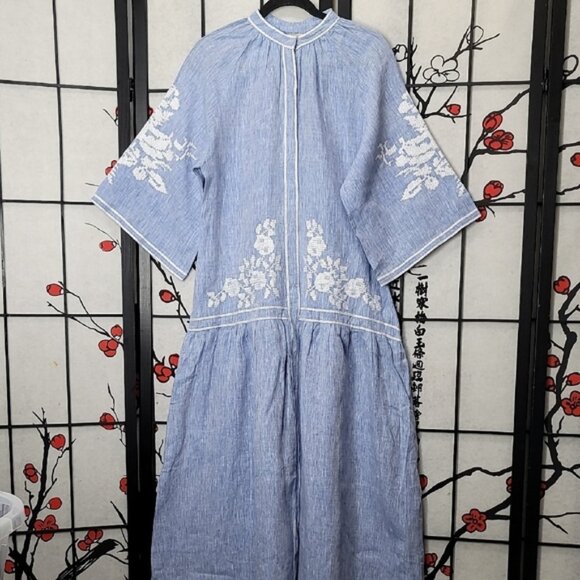 De Castro Swan Dress in Light Denim Linen with White Floral Embroidery - Picture 1 of 11